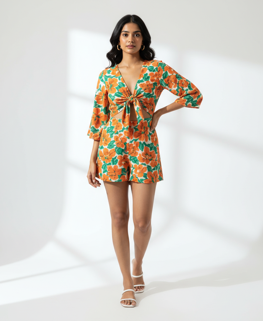 Orange & Green Floral Printed Front Tie Knot Playsuit