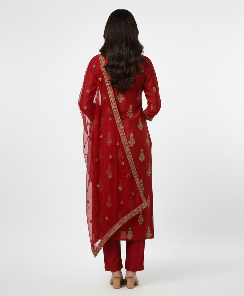 Woman Regular Kurta with Trousers & Dupatta - Red