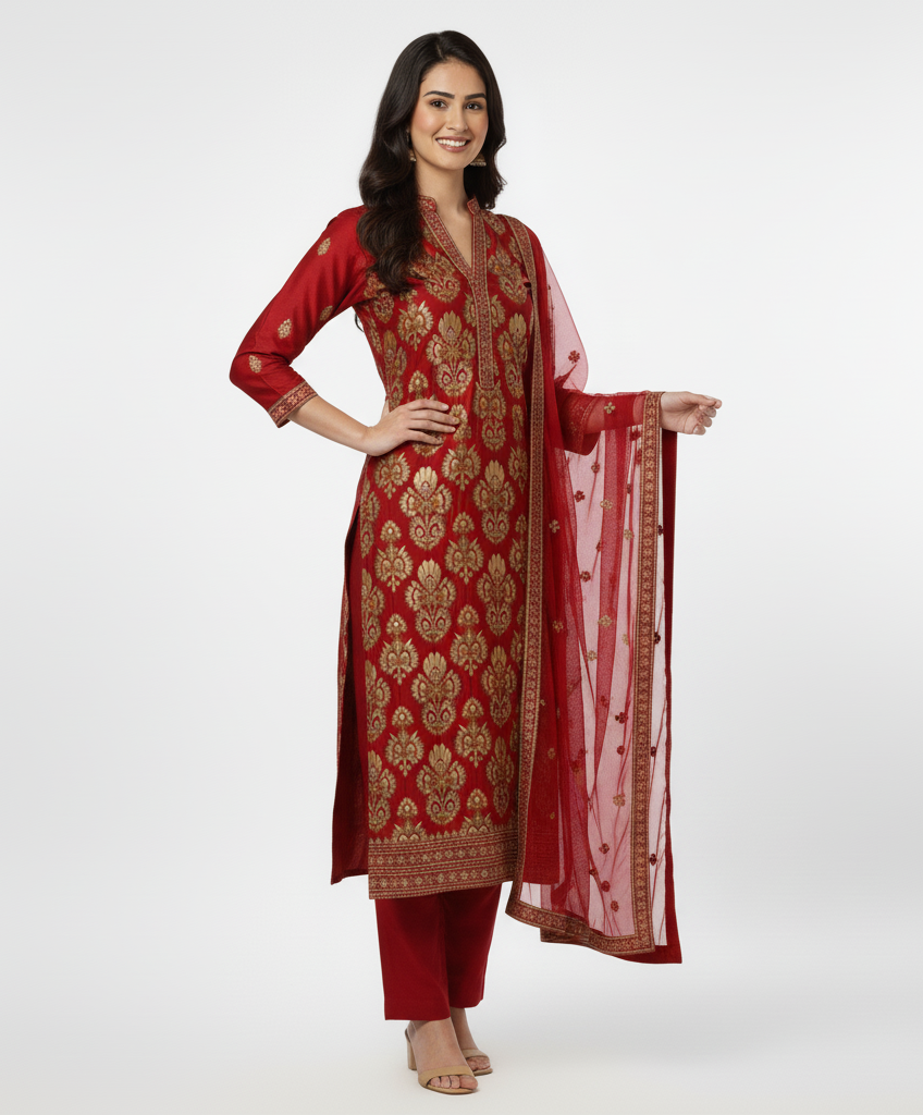 Woman Regular Kurta with Trousers & Dupatta - Red