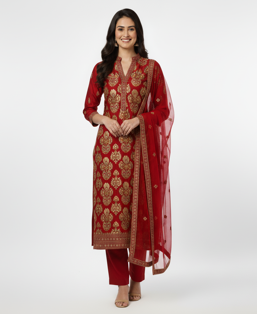 Woman Regular Kurta with Trousers & Dupatta - Red