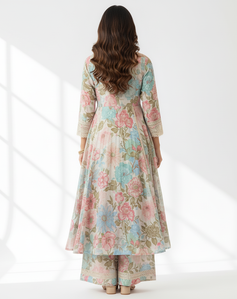 Women Floral Printed Panelled Thread Work Kurta with Palazzos