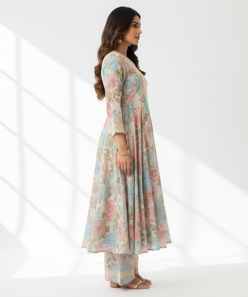 Women Floral Printed Panelled Thread Work Kurta with Palazzos