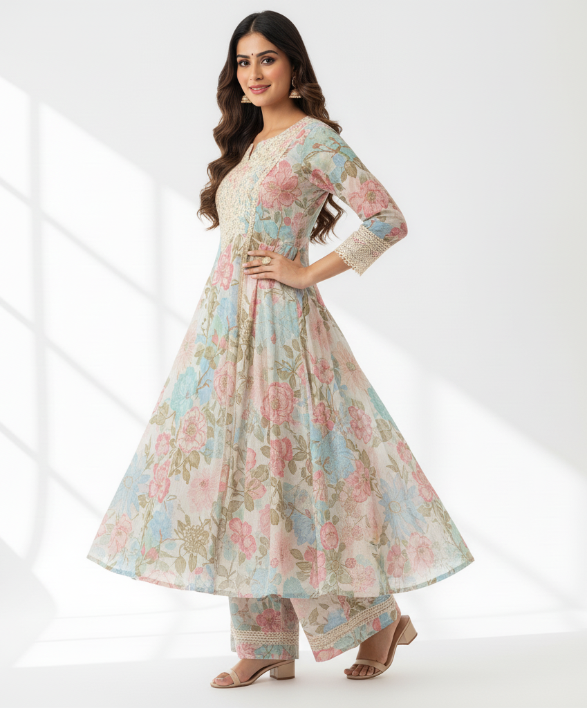 Women Floral Printed Panelled Thread Work Kurta with Palazzos