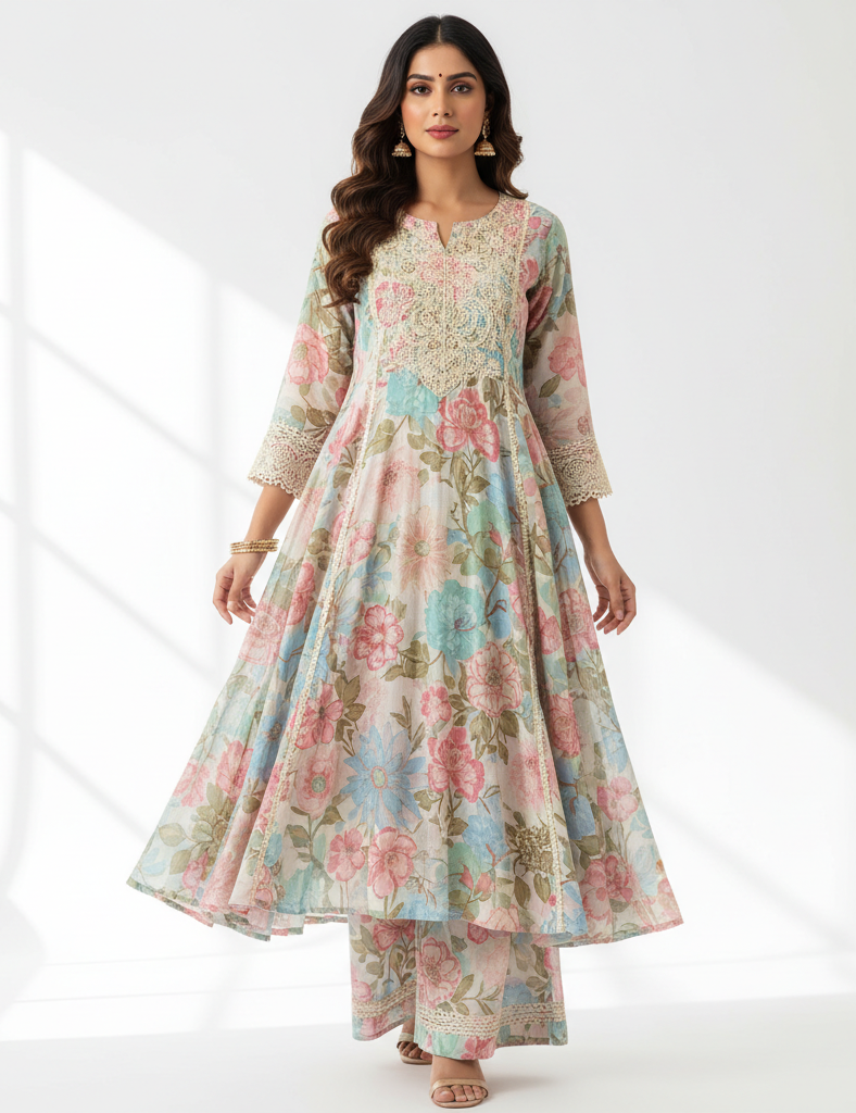 Women Floral Printed Panelled Thread Work Kurta with Palazzos